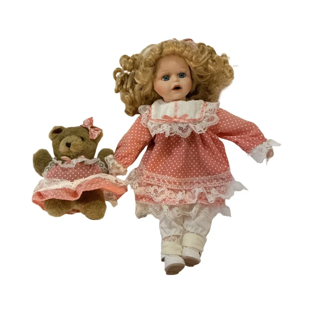 Vintage Porcelain Doll Tea Party Set‎ with Teddy Bear and Wooden Furniture Pink